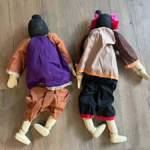 Asian Wooden & Plush Collectible Set of 2 Dolls Vintage Hand Painted Jointed 18" - Picture 5 of 6